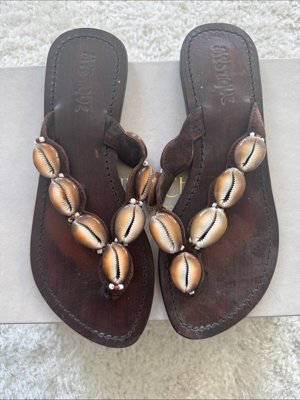 Mystique Boutique Brown Leather Shell-Embellished Sandals